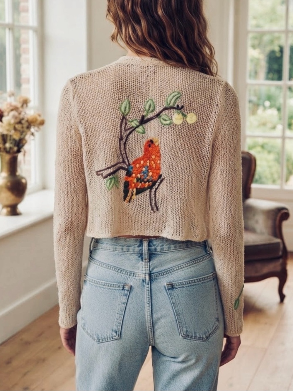 WOODEN SHIPS EMBROIDERY BIRD embellished BALLET WRAP S/M SMALL SWEATER